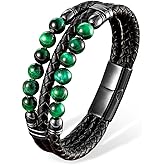 VA JENT Mens Leather Braided Tiger Eye Bead Bracelet Stainless Steel Clasp Cuff Bracelets Gift for Men Him