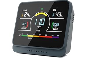 PERFORMANCE GURU 13-in-1 Air Quality Monitor Indoor with Beep Alarm, 6AQI Air Quality Detector with PM1.0 | PM2.5 | PM10 | Temp | HUM | Formaldehyde | VOC Tester for Home Office Plant (Ink Grey)