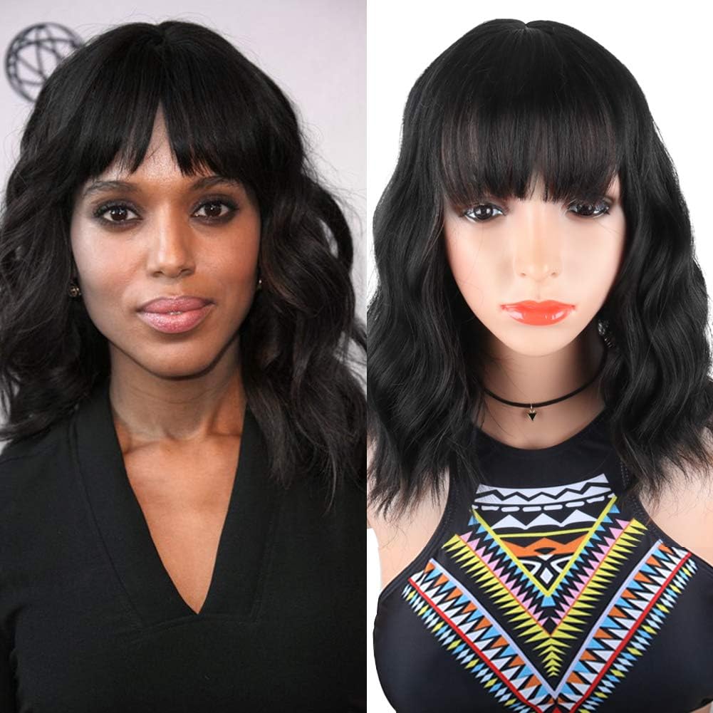 DEYNGS Fashion Short Wavy Wigs With Flat Bangs Natural Black Synthetic Full Wigs For Women None Lace Wigs That Look Real Heat Resistant +Free Wig Cap (BLACK)