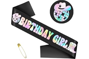SKJIAYEE Disco Cowgirl Birthday Girl Sash, Funny Black Iridescent Birthday Sash for Western Cowboy Cowgirl Birthday Party Decorations Girls Rodeo Birthday Party Supplies Retro Horse Birthday Party Favors