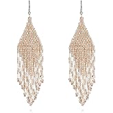 Color Boho Rice Beads Tassel Earrings.Multicolor Long Beaded Dangle Earrings Handmade Woven Drop Earrings Jewelry Gifts for Women