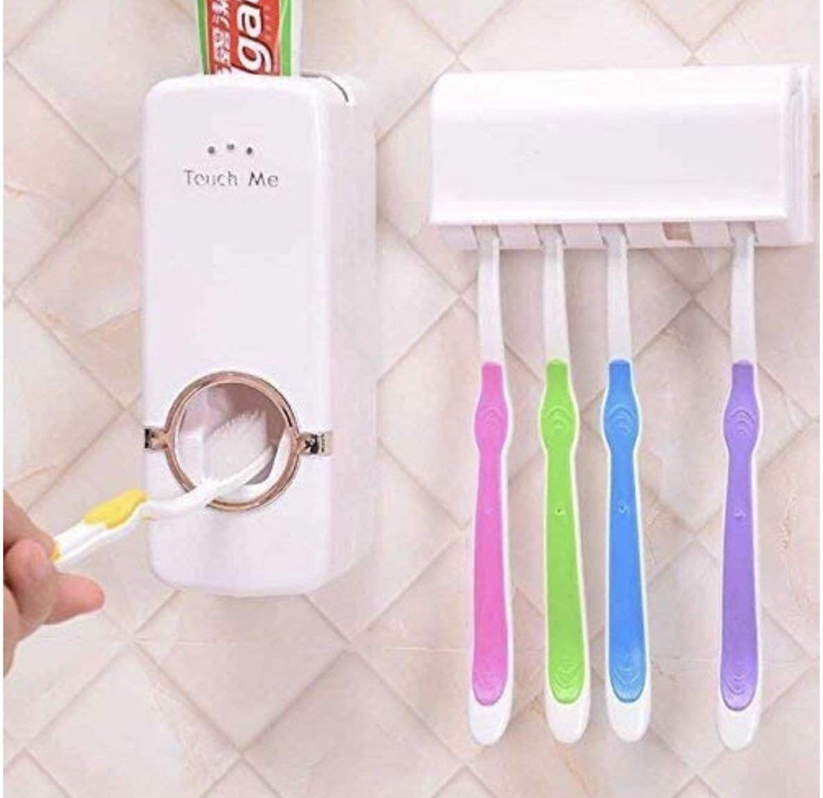 Dharmzeel Plastic Toothpaste Dispenser Automatic with 5 Toothbrush Holder with Sticky Suction Pad