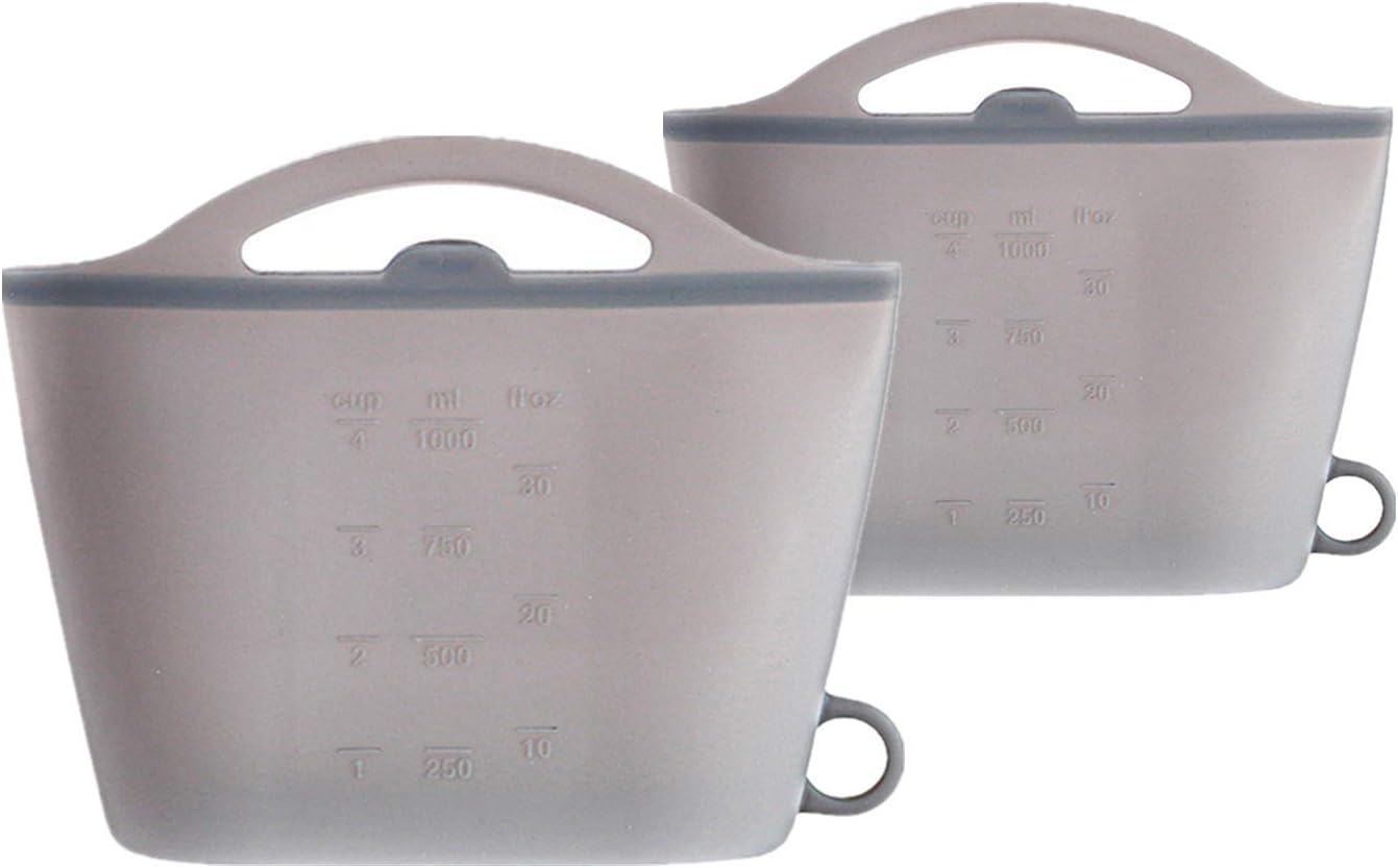2Pcs Reusable Food Storage Bags BPA Free Silicone,Stand-Up,Hanging and Carrying Handle,Sandwich Lunch Bags,Cook, Store or Freeze,Zip-Top,Oven &Freezer Safe,Airtight & Leakproof 33 and 50 oz (Grey)