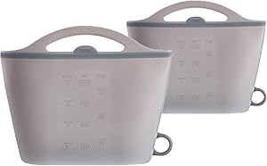 2Pcs Reusable Food Storage Bags BPA Free Silicone,Stand-Up,Hanging and Carrying Handle,Sandwich Lunch Bags,Cook, Store or Freeze,Zip-Top,Oven &Freezer Safe,Airtight & Leakproof 33 and 50 oz (Grey)