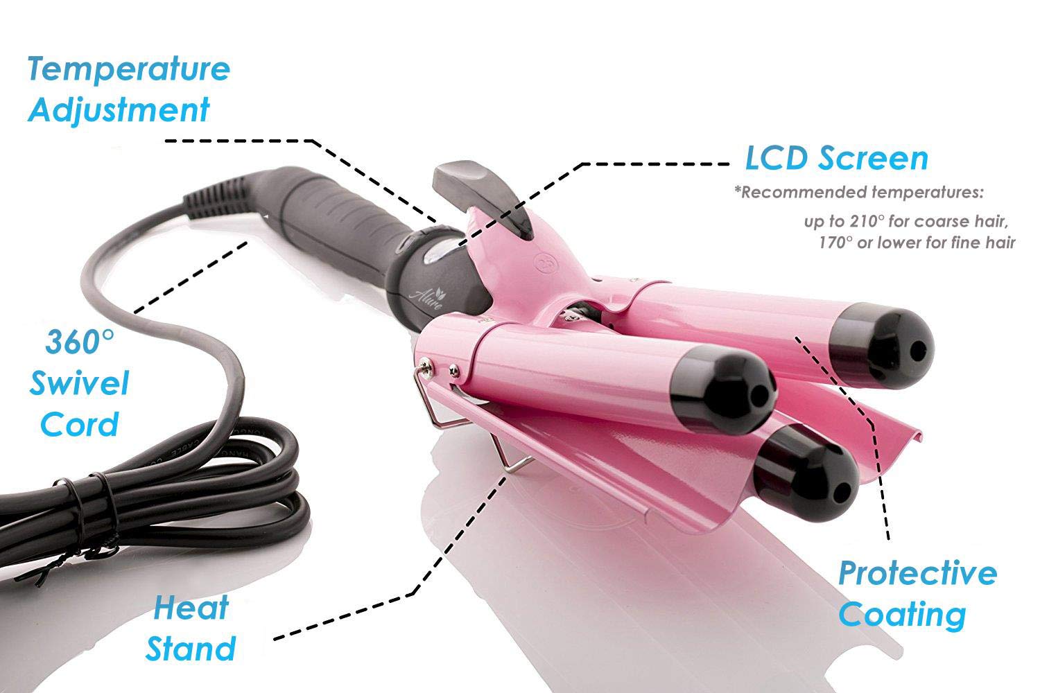 Alure Three Barrel Curling Iron Wand with LCD Temperature Display - 1 Inch Ceramic Tourmaline Triple Barrels, Dual Voltage Crimp: Beauty