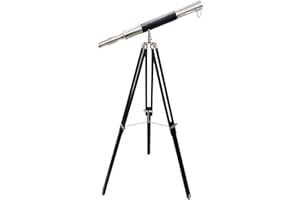 NAVIROCK Vintage Single Barrel Marine Brass Telescope Black Leather Nautical Adjustable Wooden Floor Standing Tripod Chrome Finish Home & Office Decorative