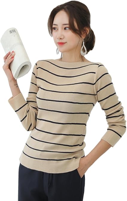 Amazon Daily Nj At74 品 レディース トップス 大人可愛い ロングカットソー ｔシャツ ボートネック ボーダー柄 オフショルダー 秋冬色 ストレッチ性 インナー 韓国ファッション カーキ Tシャツ カットソー 通販