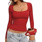 Danysu Double Lined Long Sleeve Tops with Built in Bra for Women Square Neck Basic Slim Crop Fall T-Shirts