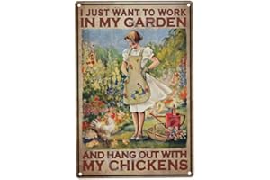 Cusde Vintage Farm Metal Tin Sign Chicken I Just Want to Work in My Garden Girl Poster Retro Decor Wall Art Plaque for Home Farmhouse House Yard 8x12 Inch