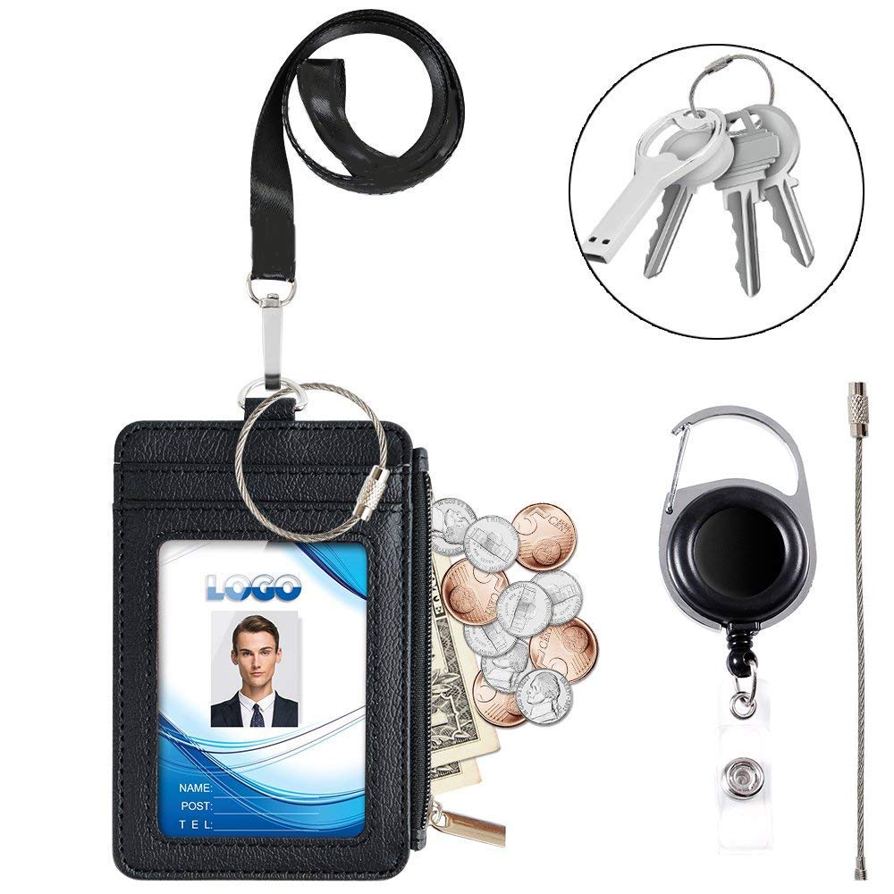 1pcs Badge Holder with Lanyard 2 Side Vertical PU Leather for Credit Card Badge with Zipper Wallet and 1 Retractable Badge Reel Carabiner Clip for Offices/School ID