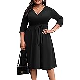FANDEE Plus Size Midi Dresses for Women - A Line Church Dress V Neck 3/4 Sleeve Wedding Guest Cocktail with Pockets(XL-5XL)