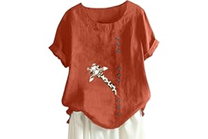 NAMTYQX Cotton Linen Tops for Women Short Sleeve Round Neck T Shirts Oversized Embroidery Floral Printed Loose Blouses S-5XL