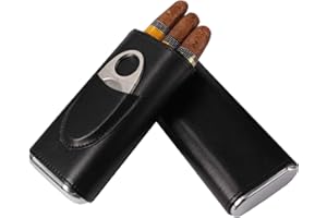 AMANCY Classic Black Leather 3 Fingers Cigar Case with Cedar Wood Lining, Jacket Pocket Suitable Travel Cigar Humidor Holder Silver Stainless Steel Cutter Contained