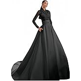 Zeeyecie Long Sleeve Satin Wedding Dresses A-Line Lace Applique Sparkly Bridal Gowns for Brides