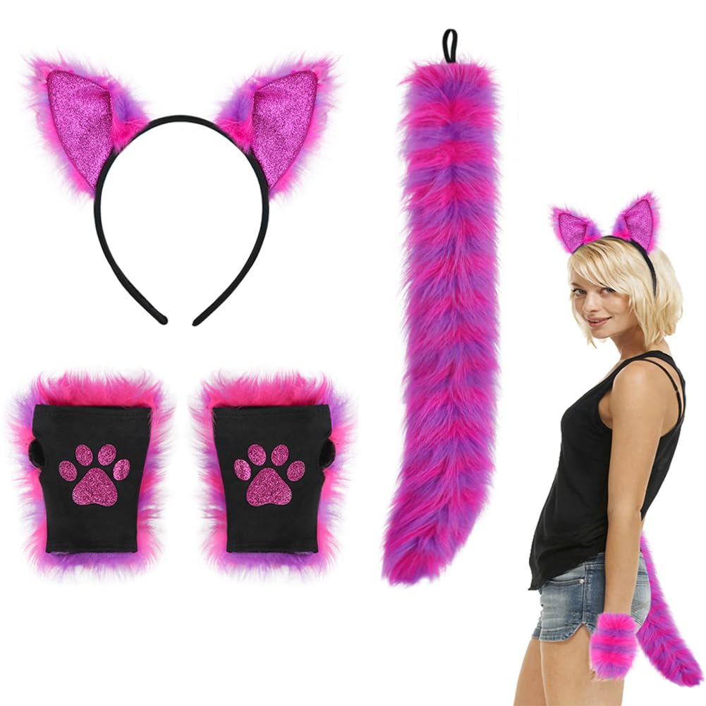 haozaikeji 4 Pieces Plush Halloween Costume Set Faux Cat Ears Headband Tail Claw Gloves Set Furry Cute Animal Costume Bear Gloves for Fancy Dress Up Cosplay Party Accessory