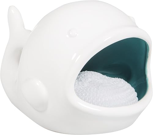 Ceramic White Whale Scrubbie Sponge Holder with Scrubby, 6