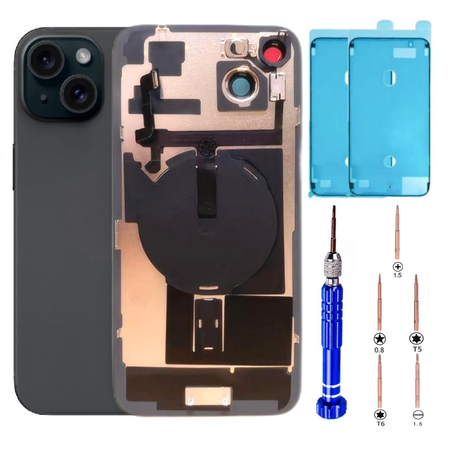 Photo 1 of 15 Plus Back Glass Replacement Kit with Plate & Flex Cable and All Parts, Black, 6.7 Inch for iPhone 15Plus Back Cover Glass, with Repair Tools (Black)