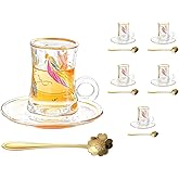 QINFRAGR Elegant Moroccan-Style Turkish Tea Set - 6 Hand-Painted Feather Teacups, Saucers & Spoons, Lightweight Glass for Afternoon Tea, Gifts for Tea Lovers (Colorful, Traditional Design)