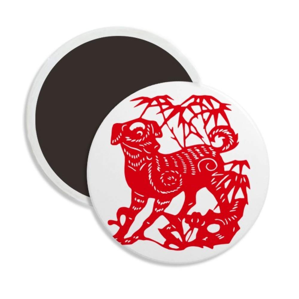 Chinese Paper Cutting New Year Dog Circle Ceramics Fridge Magnet 2pcs