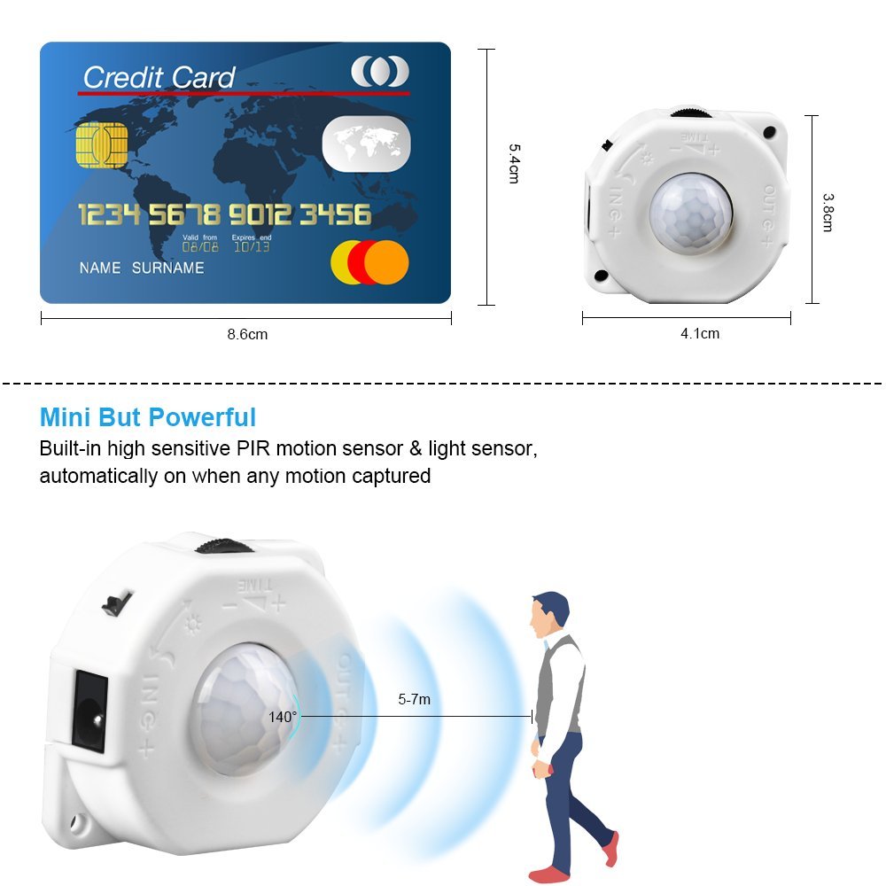 LUXJET DC 5V-24V 8A PIR Motion Activated Sensor Switch,Day/Night Light Sensor with DC Cable for LED Strip Light,RGB Rope Lights,Closet Lights Stair Lights Accessories