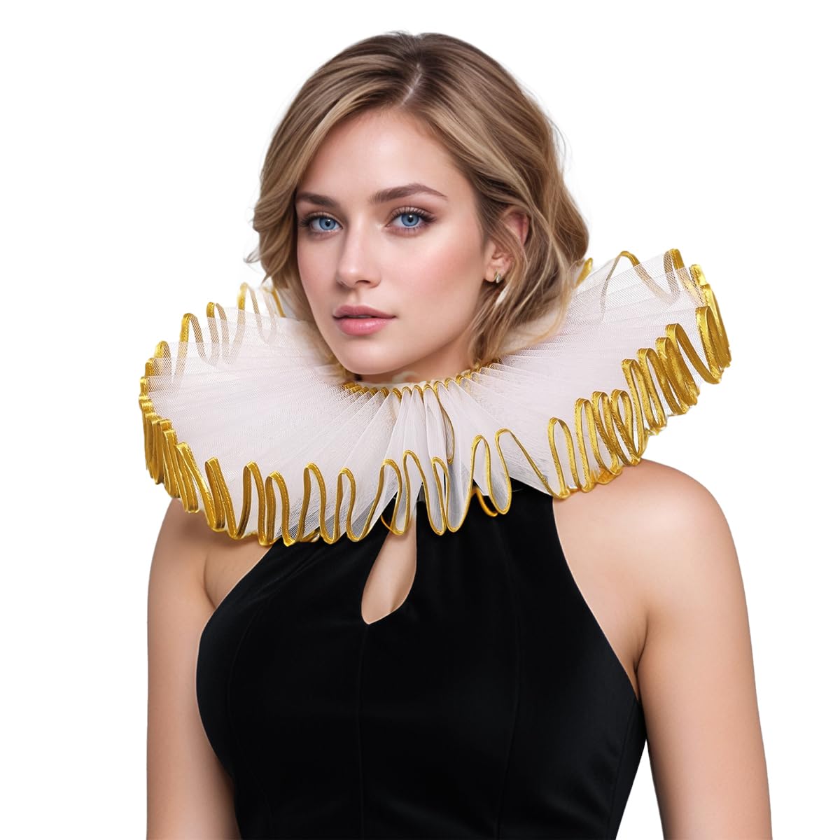BPURB Renaissance Elisabethan Ruff Collar Neck Ruffle Collar Clown Collars, White-Gold-1, One Size