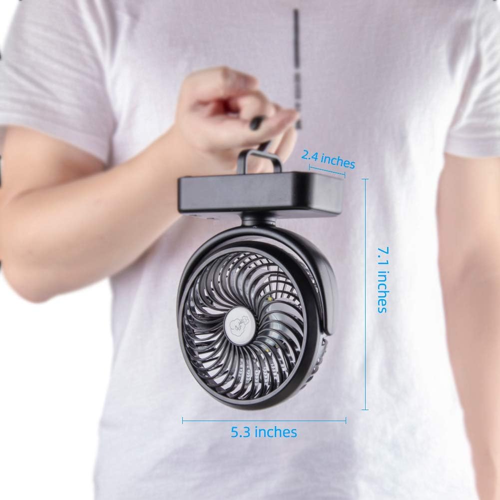 Amacool Portable Battery Camping Fan with LED Lantern - Rechargeable 5000mAh Battery Operated USB Desk Fan Kit with Hanging Hook for Tent Car RV Hurricane Emergency Outages: Sports & Outdoors