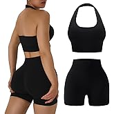 OLCHEE Workout Sets for Women 2 Piece Backless Halter Sports Bra High Waist Booty Shorts Yoga Gym Outfits Lounge Activewear
