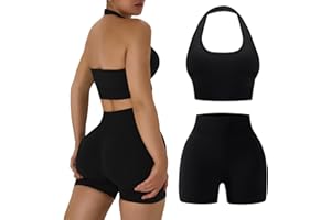 OLCHEE Workout Sets for Women 2 Piece Backless Halter Sports Bra High Waist Booty Shorts Yoga Gym Outfits Lounge Activewear