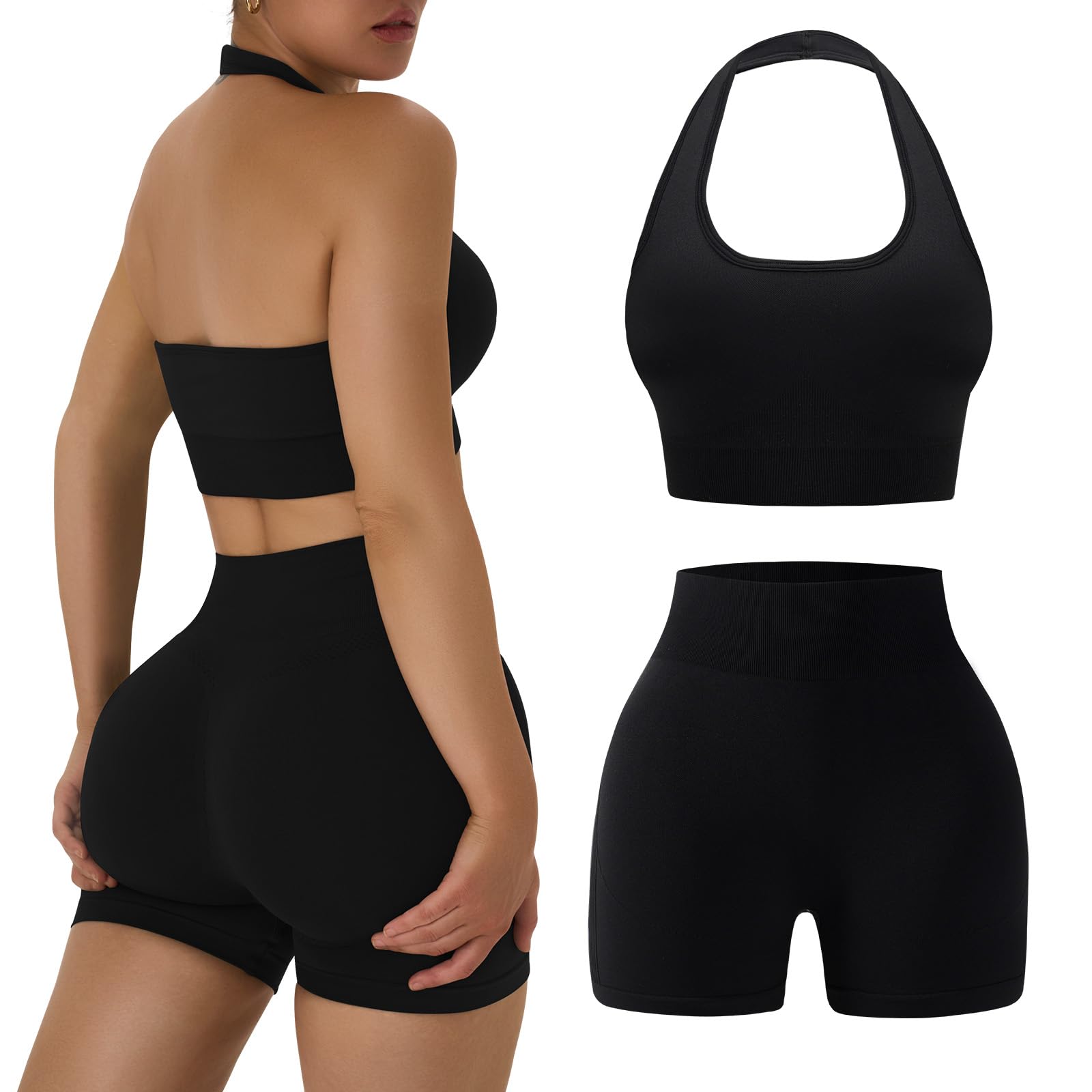 Photo 1 of ***PARTIAL SET **** OLCHEE Workout Sets for Women 2 Piece Backless Halter Sports Bra High Waist Booty Shorts Yoga Gym Outfits Lounge Activewear - Solid Black Small