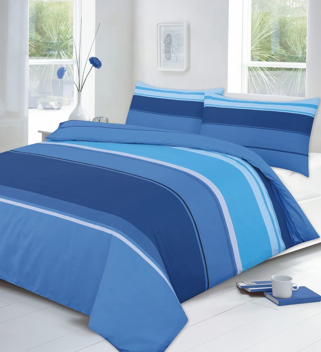 Kampala Hill Carter Blue Kingsize Duvet Cover Set Polycotton Striped Bedding