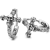 Cross Huggie Hinged Hoop Earrings for Men Womens, Stainless Steel Vintage Skull Tribal Filigree Pattern