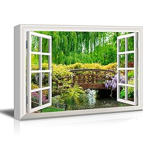 3D Visual Effect View Through Window Frame Canvas Wall Art - Japanese Style Bridge in a Beautiful Garden - Giclee Print Gallery Wrap Modern Home Art Ready to Hang - 12x18 inches