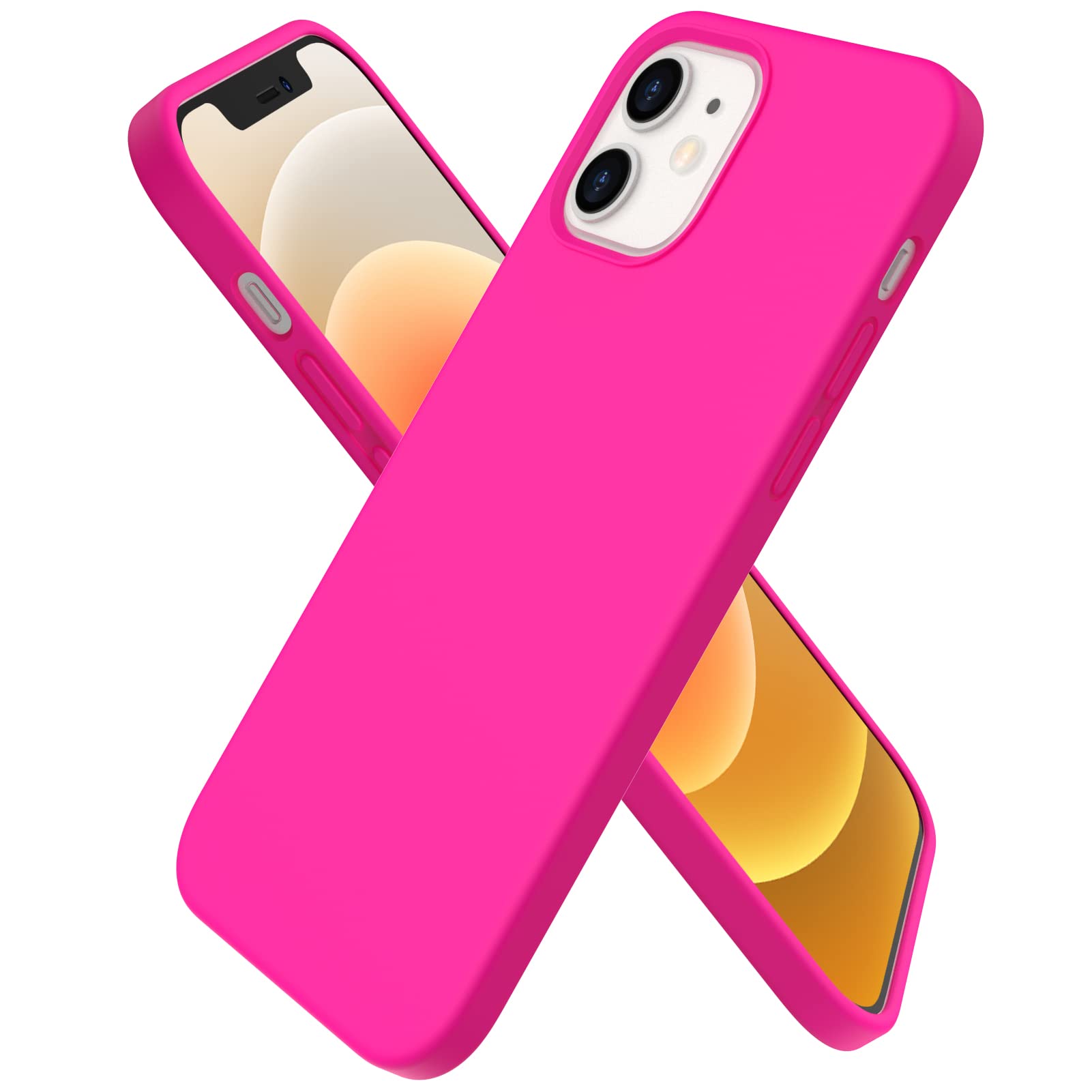 ORNARTO Compatible with iPhone 12 Case 6.1 and iPhone 12 Pro Case, Slim Liquid Silicone 3 Layers Full Covered Soft Gel Rubber Case Cover 6.1 inch-Hot Pink