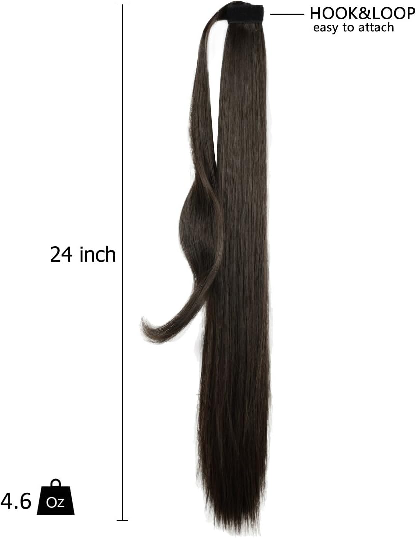 FESHFEN Straight Ponytail Extensions Long Wrap Around Ponytail Synthetic Clip in Pony Tail Hair Extensions Medium Brown Hairpiece for Women 24 inch - Image 4