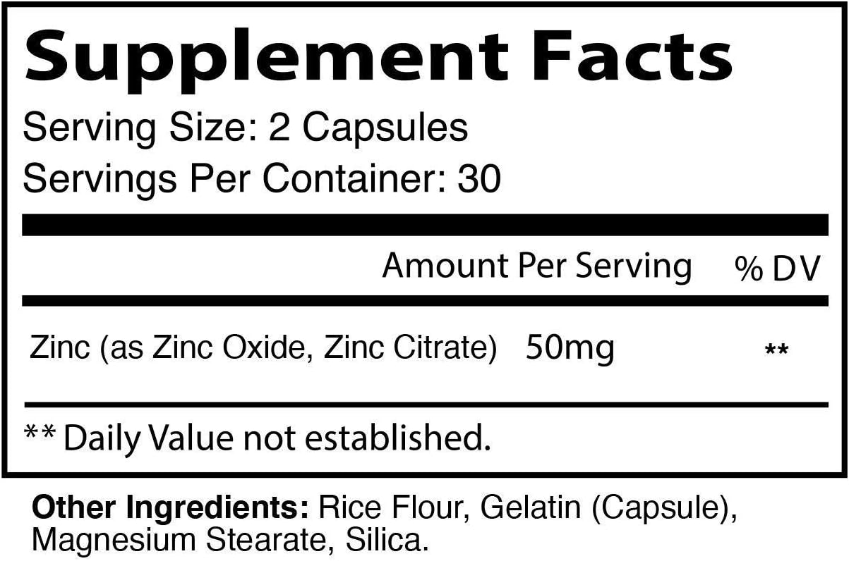 Pure Zinc Supplement Vitamin Pills Capsules 50mg Oxide for Adults Kids - Alternative to Lozenge, Liquid, Gummies, Chewable Tablets - Formulated for Immunity, Zinc Citrate Supplements (2 Month Supply): Health & Personal Care