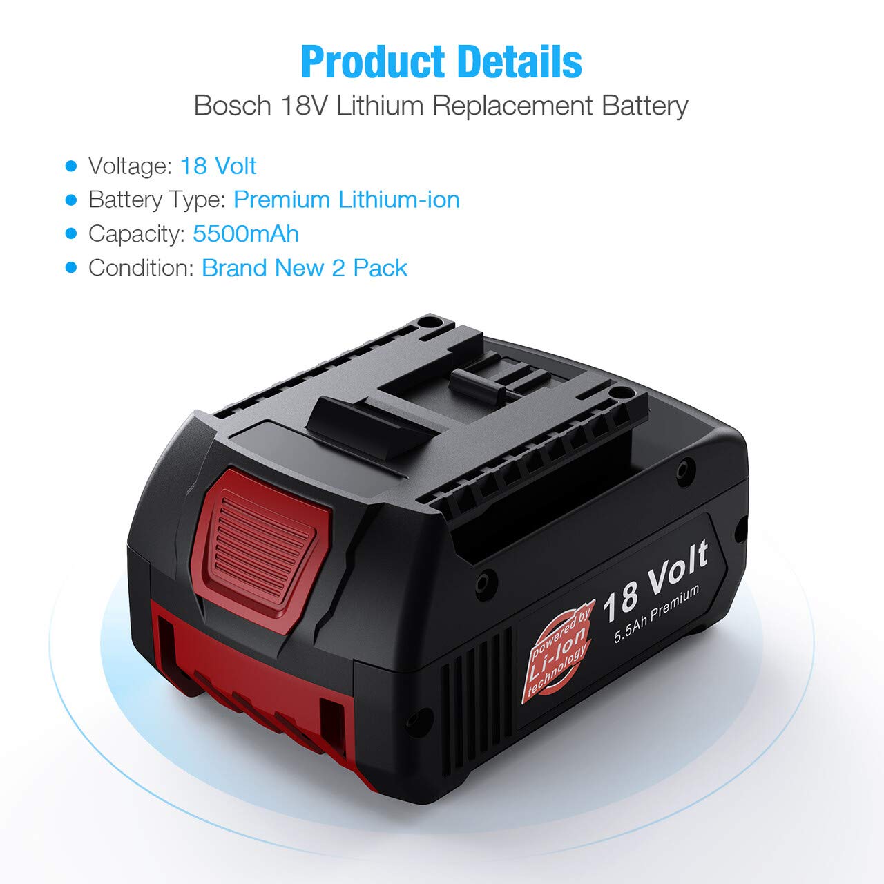 Powerextra 2 X Bosch BAT609 18V 5.5Ah Lithium-ion Battery Pack Work with Bosch BAT609 BAT610G BAT618G BAT619 BAT621 BAT620 Cordless Power Tools with LED Charge Indicator