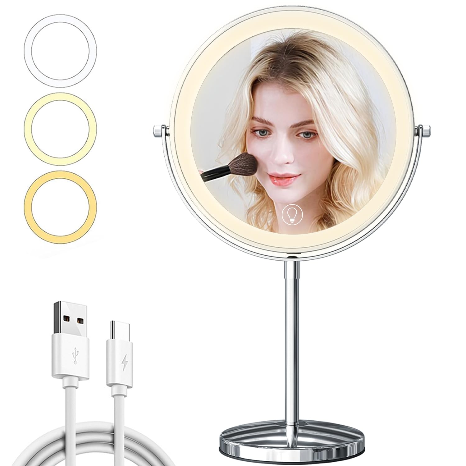 Photo 1 of **CHARGING PORT FOR LIGHT IS BROKEN** 9in Makeup Mirror with Lights, 3x/20x 5000mAh Rechargeable Lighted Makeup Mirror with Magnification, 360° Rotate Magnifying Mirror,3 Color,Dimmable up,3800lux,80 LEDs,No Height Adjustment,Silvery