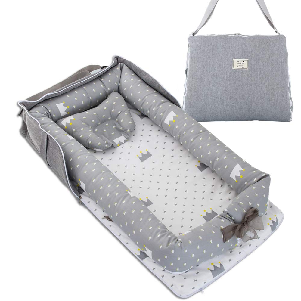ベッドインベッド 添い寝 ベビーベッド 新生児 折りたたみ式 枕付き 持ち運び 携帯型ベビーベッド 出産祝い 通気性 洗濯可能 0ヶ月～ 赤ちゃんとの添い寝に 寝返り制限 長く活用 安全 安心 (グレー)商品画像