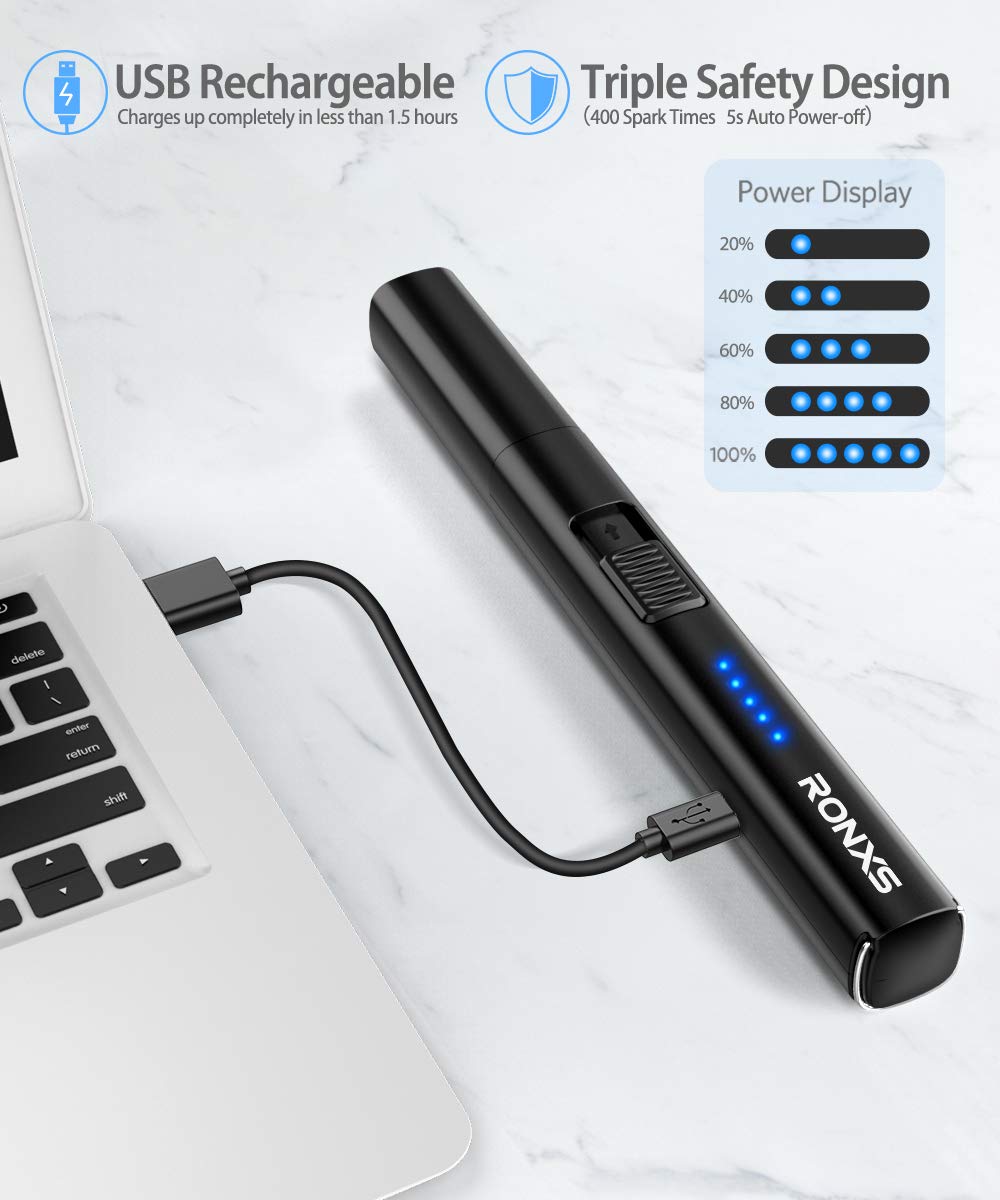 RONXS Lighter, Candle Lighter with Safety Design Cover, Battery Indicator Camping Lighter Windproof Portable 7IN Low Noise USB Plastic Lighter with Safety Switch/Hanging Hook for Candle Cooking BBQ