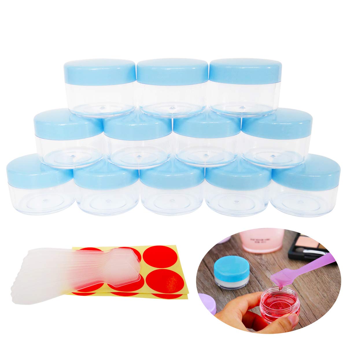 Wopanxye 12pack 15ml Makeup Sample Jars, BPA Free, Small Empty Cosmetic Container, Plastic Round Pot Blue Screw-up Cap Lid, 15g Jar for Lip Gloss Scrubs Salves Ointments Facial Creams Bath Lotions