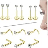 Nose Rings Studs for Women-14K Gold Filled & 316L Surgical Steel Nose Stud Threadless Flat Back Earrings-Helix Tragus Cartilage Lip Studs Hypoallergenic Corkscrew L Shaped Nostril Piercing Jewelry 20G