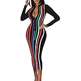 JerXox Women's Sexy Bodycon Midi Dress Long Sleeve Zipper Stretchy Printed Party Dresses