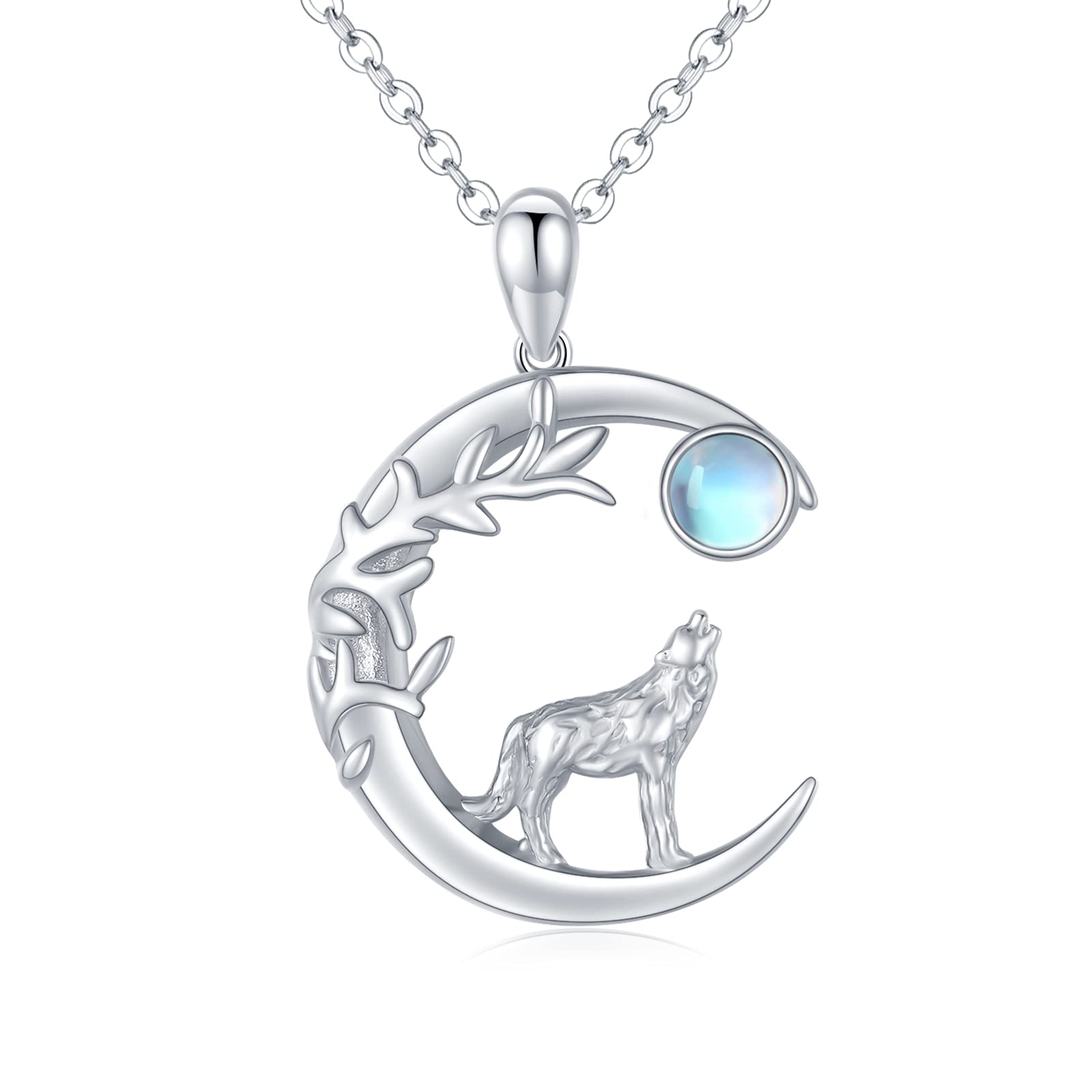 Wolf Necklace 925 Sterling Silver Crescent Moon Moonstone Necklace Celtic Knot Teen Wolf Necklace Jewellery Gifts for Girls Women (Wolf Necklace)