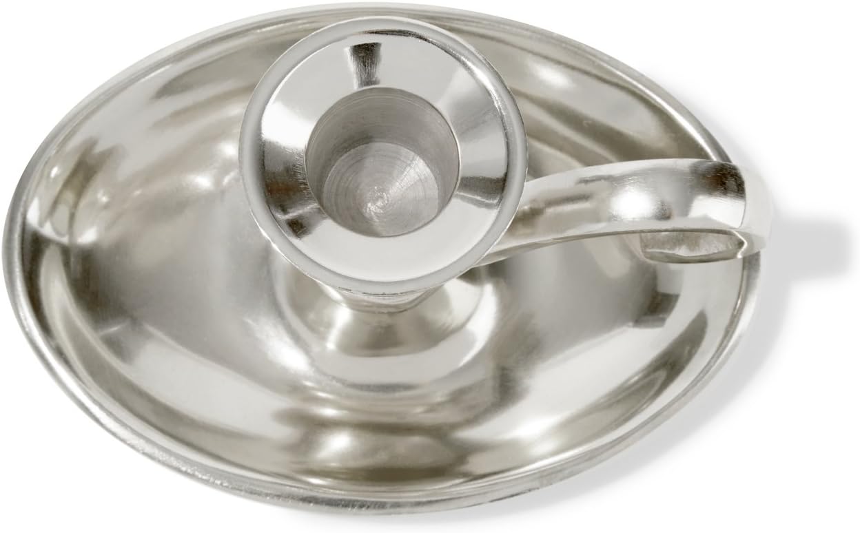 Silver Candle Stick Holder - Colonial Chamberstick Shape with Handle, Nickel Plated Metal, Fits Standard Tapered Candlestick, for Old Fashioned Home Decor, Window and Mantle Display: Kitchen & Dining