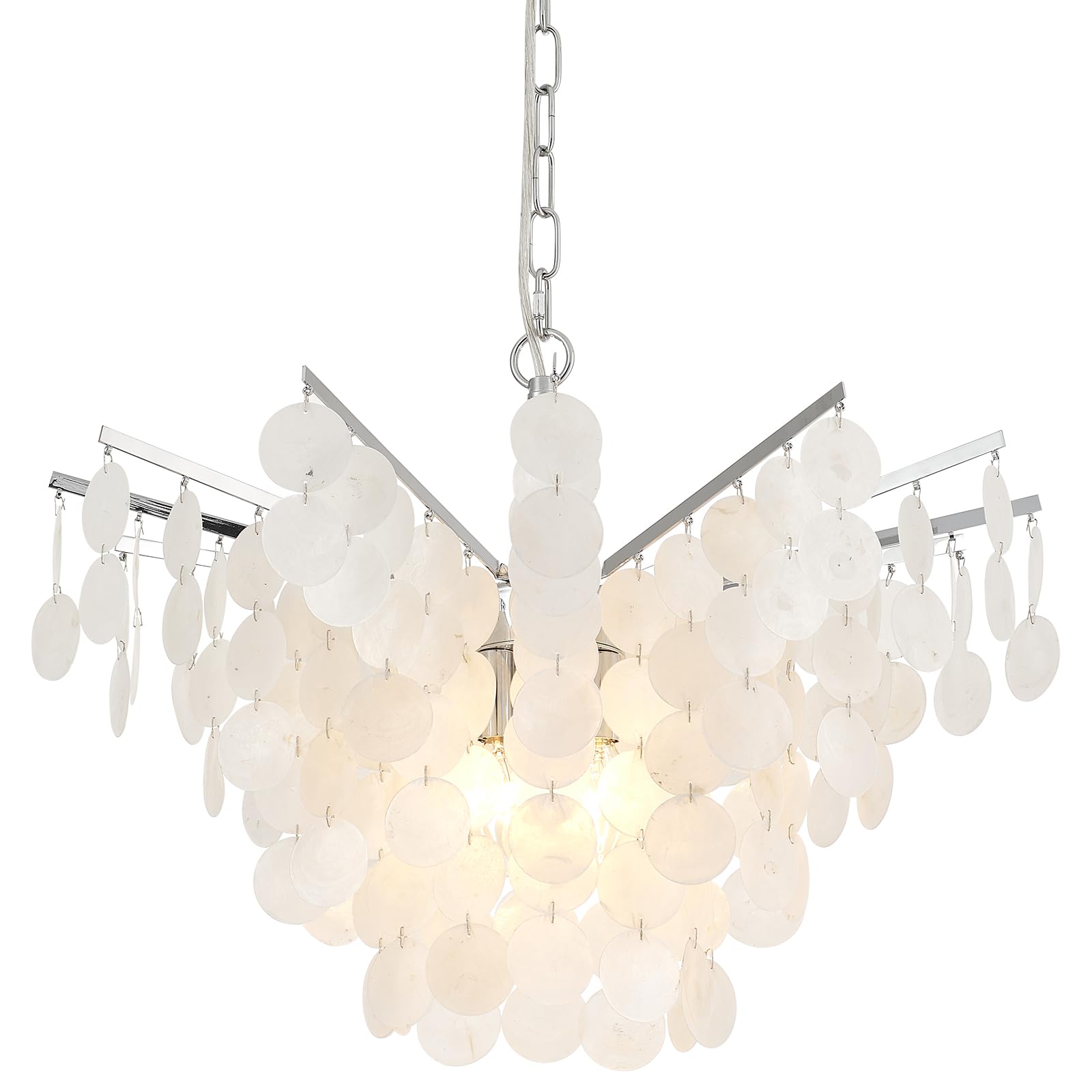 Photo 1 of VANZARLA Capiz Shell Chandelier for Bedroom, Modern Coastal Dining Room Light Fixture, Farmhouse Pendant Light for Entryway Kitchen Living Room, Chrome Finish