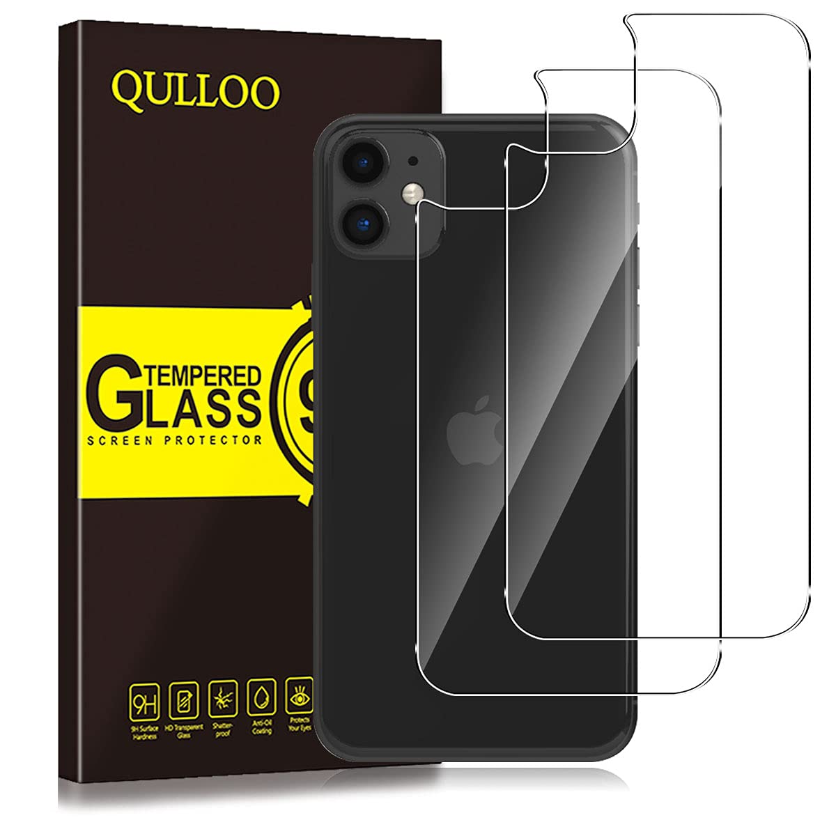QULLOO for iPhone 11 Back Screen Protector, 9H Hardness Temepred Glass Back Film Anti-Fingerprint Case Replacement for Apple iPhone 11 6.1" -2 Pack