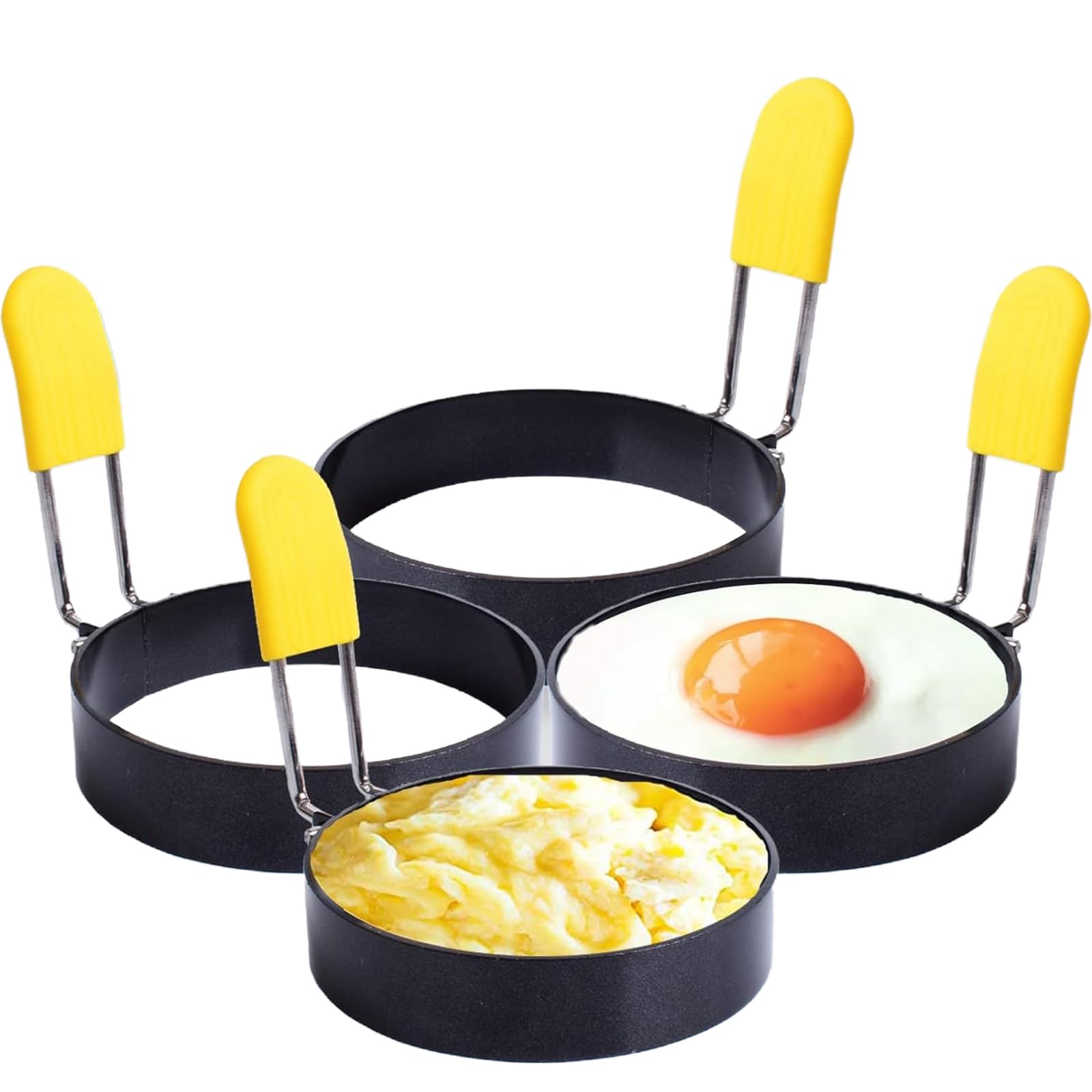 Cdycam Non-Stick Egg Ring Set with Silicone Handle and Brush, Stainless Steel Egg Molds for Frying Pancakes, Mcmuffins (4 pcs)