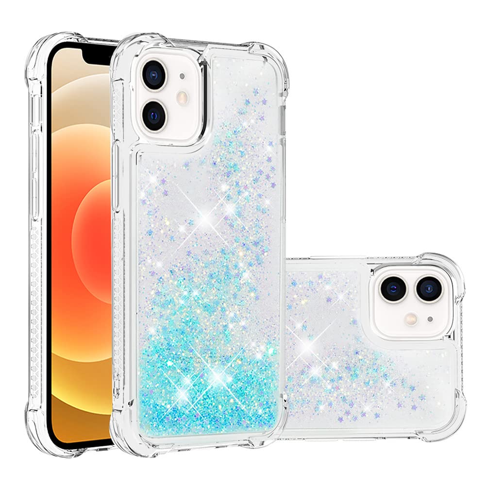 IMEIKONST Compatible with iPhone 12 Mini Glitter Case, Liquid Sparkle Quicksand Clear Transparent Sequin Girls Slim TPU Bumper Silicone Shockproof Cover for iPhone 12 Mini. Star Blue YBW