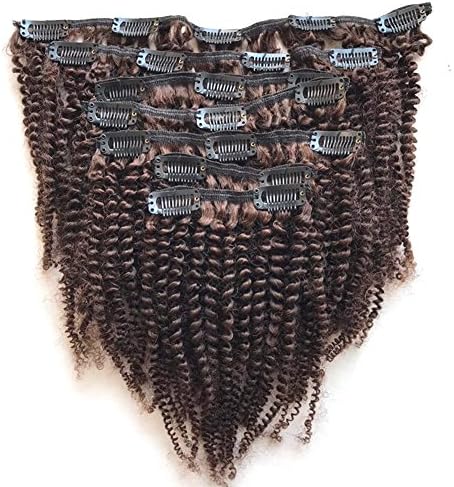 FDshine Kinkys Curly Clip in Hair Extensions Mongolian Afro Kinky Human Hair 4a 4b for Black Woman (8", #4 Medium Brown)