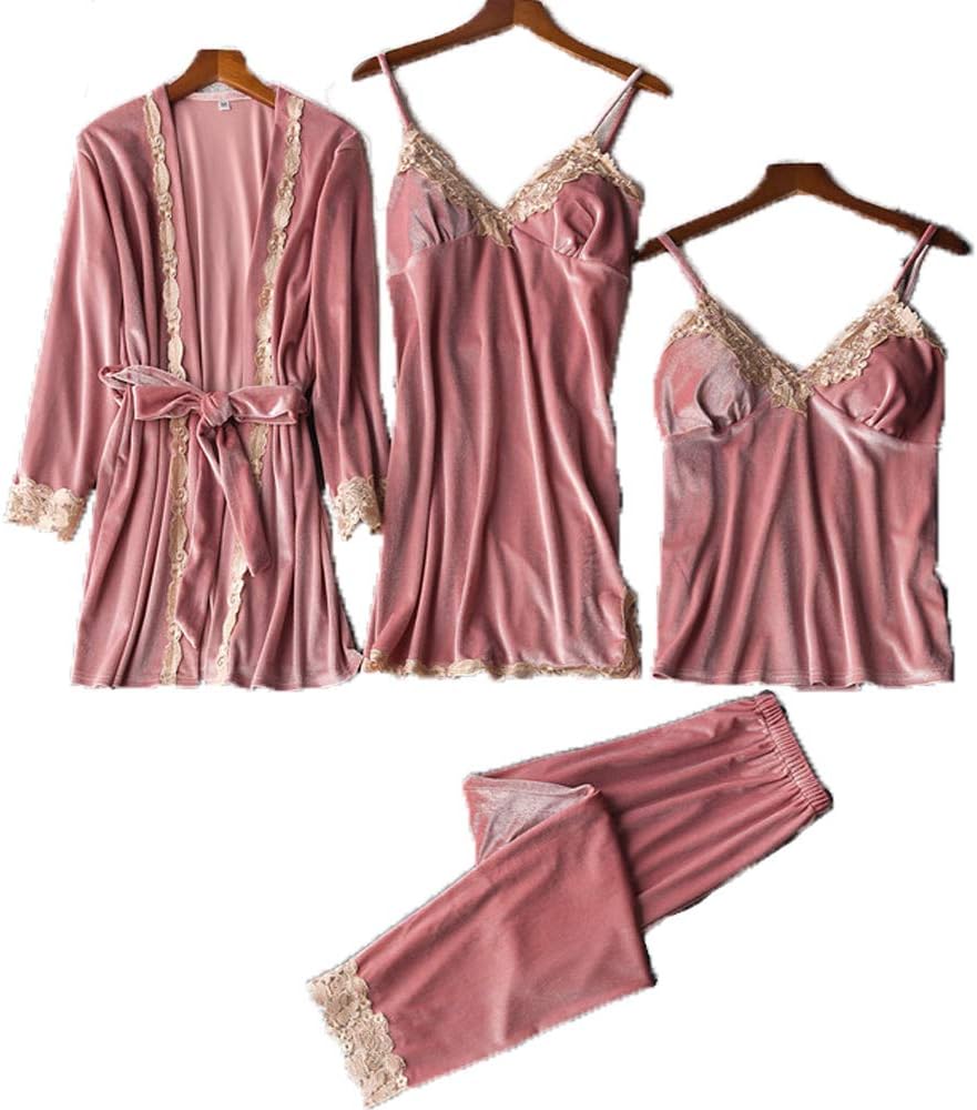 MondMond Women's Pajama Sets Elegance 4pcs Velvet Pajamas Womens Sleepwear Sets with Chest Pad S-XXL